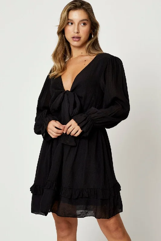 British-inspiredBlack Tie Front Skater Dress