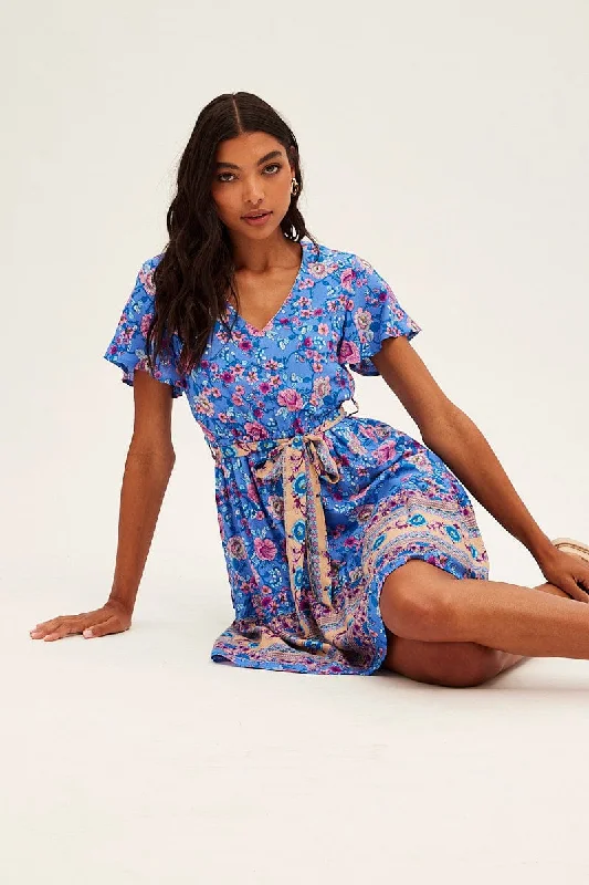 Rocker-inspiredBlue Boho Boho Textuerd Skater Dress