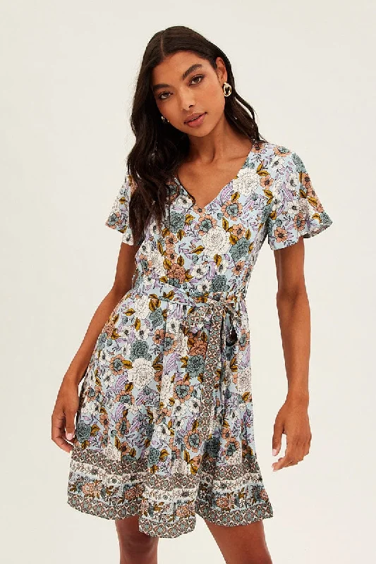 Pearl-embellishedBlue Boho Boho Textuerd Skater Dress