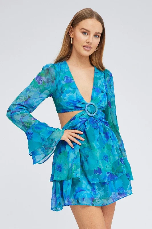 PolishedBlue Floral Dress Balloon Sleeve Lace Up Back Ring Chiffon