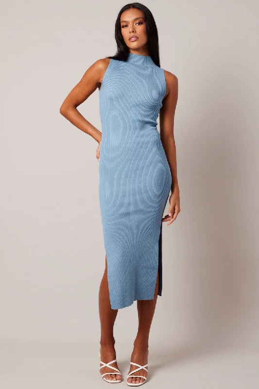 Function-meets-styleBlue Knit Dress High Neck Midi