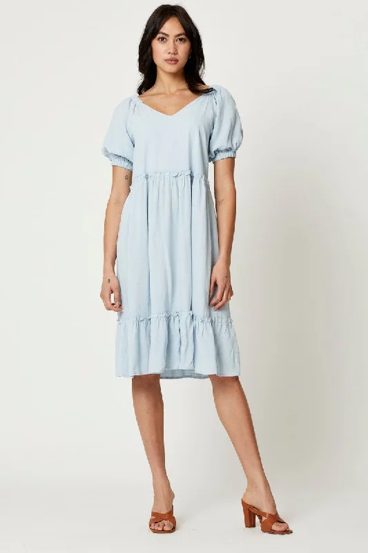 Daring yet classyBlue Puff Sleeve Skater Dress