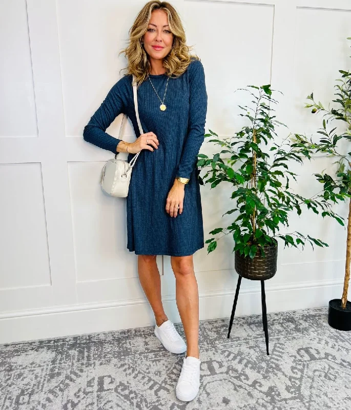 Elegant simplicityBlue Ribbed Jersey Skater Dress