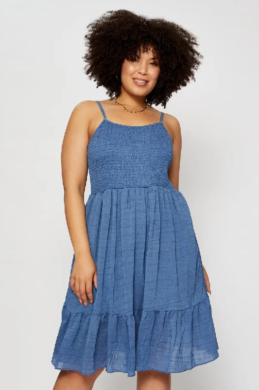 Feminine & simpleBlue Skater Dress Square Neck Sleeveless Tie