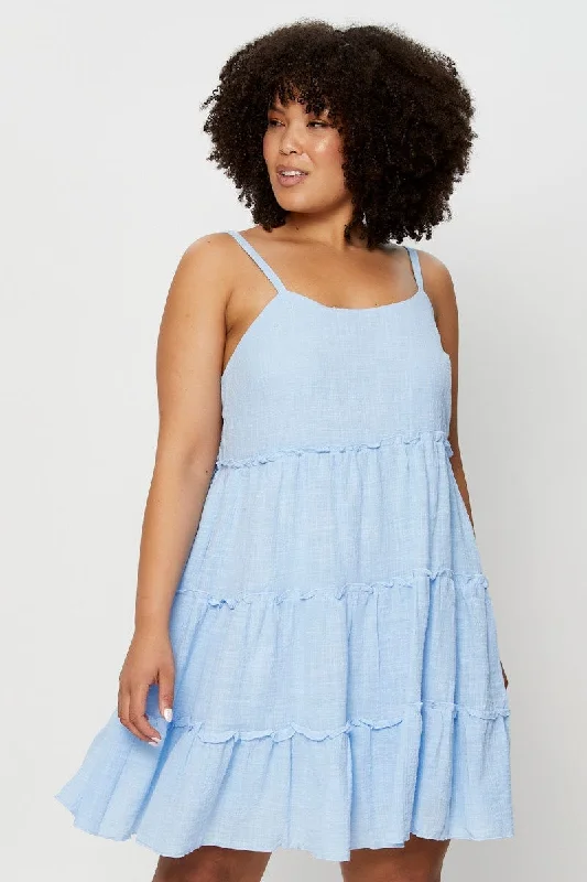 Neutral-paletteBlue Skater Dress V-neck Sleeveless Ruffle Hem