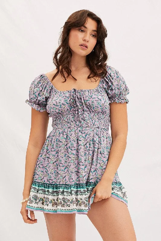 Beachy goddessBoho Print Round Neck Puff Sleeve Skater Dress