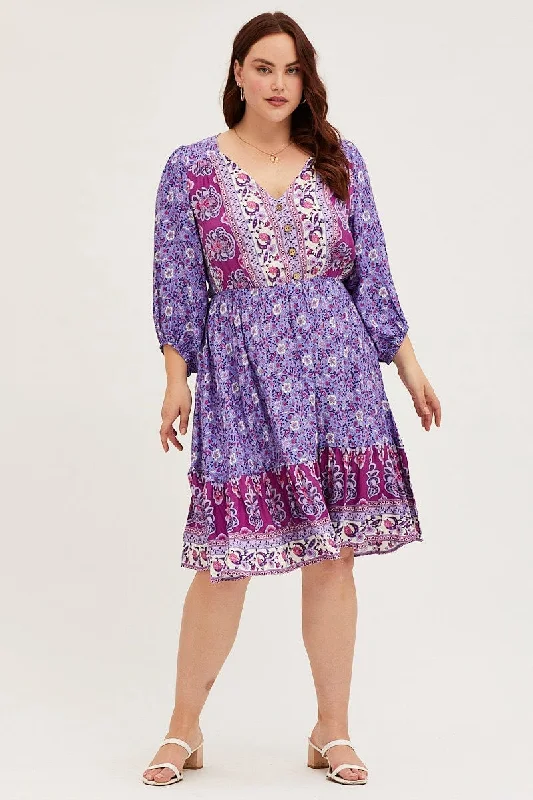 Simple-silhouettesBoho Print Skater Dress V-neck Long Sleeve