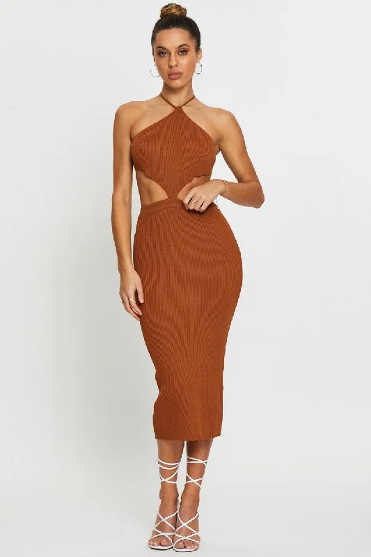 Laid-back-luxeBrown Knit Dress Halter Neck