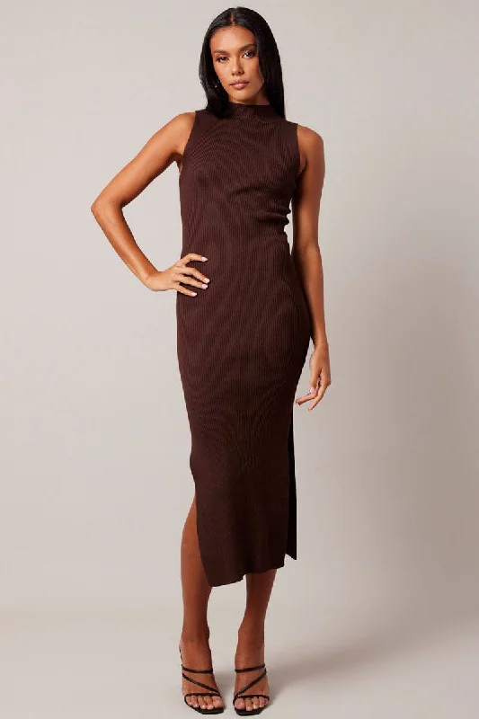 Weatherproof-fashionBrown Knit Dress High Neck Midi