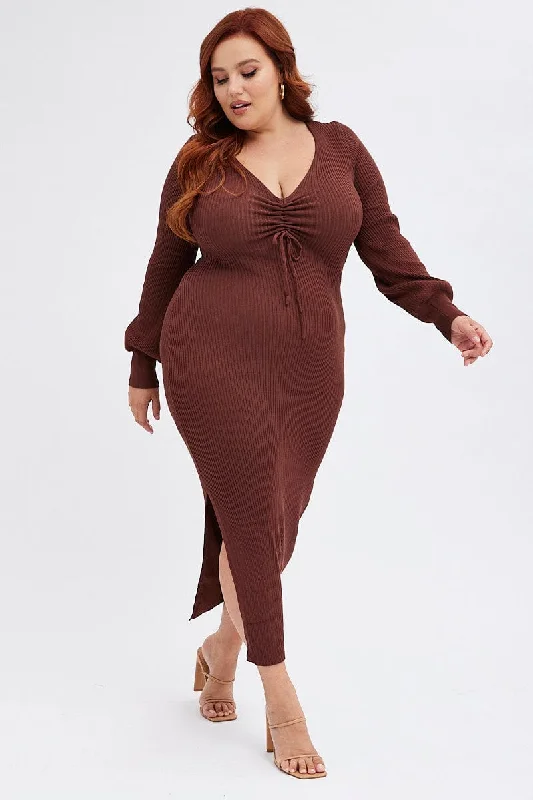 Sleek-modernBrown Knit Mididress Drawstring Detail Long Sleeve
