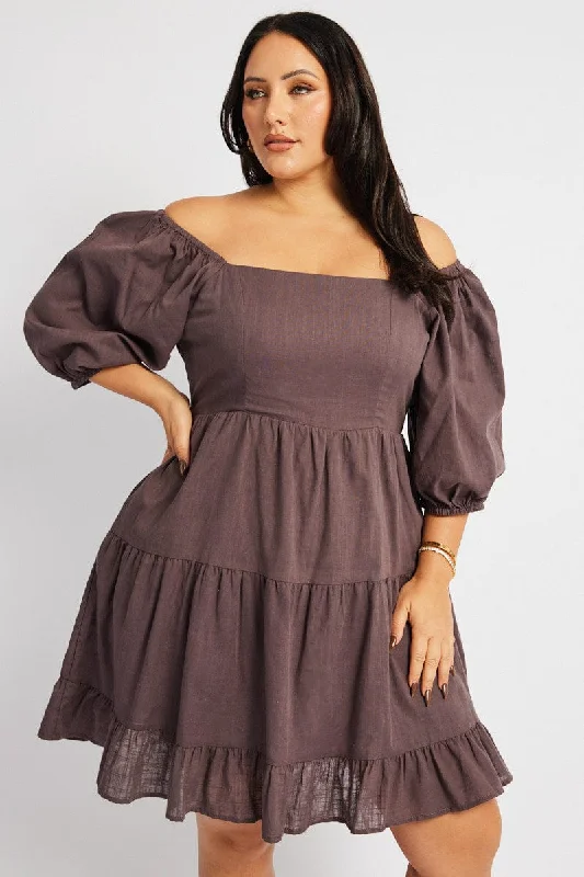 Streamlined-techBrown Square Neck Puff Sleeve Minidress