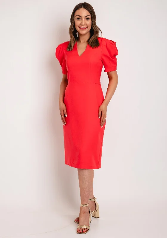 Old-money aestheticCamelot V-Neck Puff Sleeve Knee Length Dress, Coral