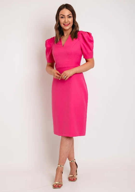 Old-school charmCamelot V-Neck Puff Sleeve Knee Length Dress, Pink