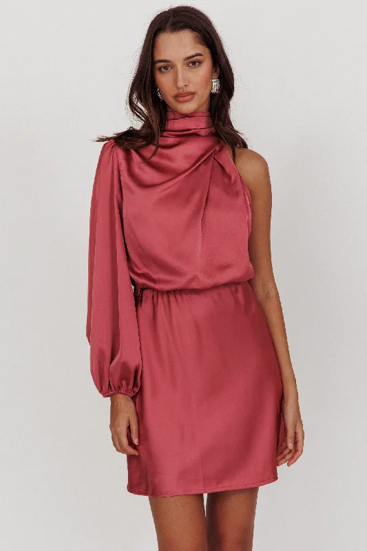 Subtle-glamourCan't Compete One Sleeve Satin Mini Dress Dusty Pink