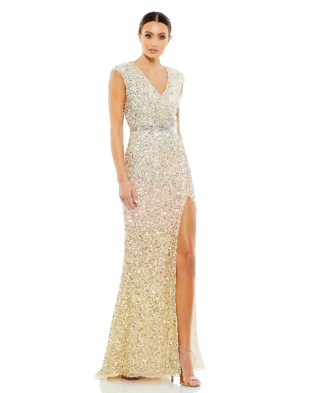 StrikingCap Sleeve Sequined High Slit Gown