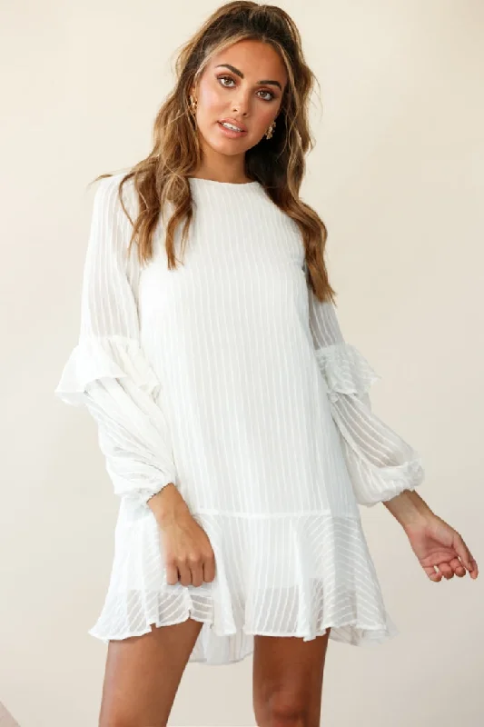 Sun-drenched styleCate Crew Neckline Balloon Sleeve Frill Dress White