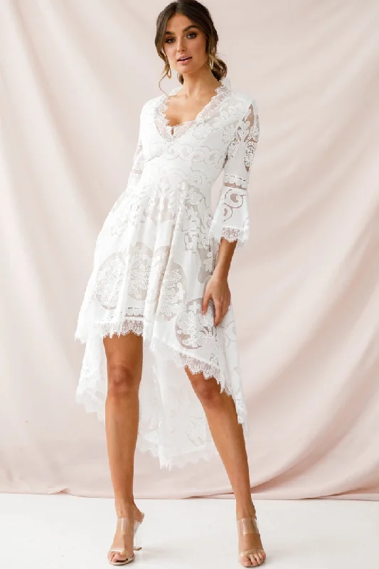Flower-adornedChantilly High-Low Bell Sleeve Dress White