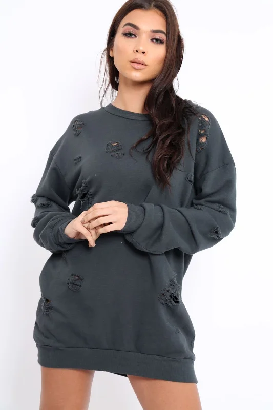 Street-futurismCharcoal Distressed Detail Sweatshirt Jumper Dress - Ivy