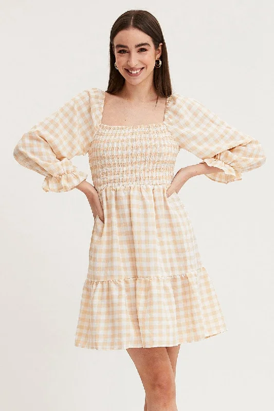 Angelic silhouetteCheck Skater Dress Puff Sleeve Mini