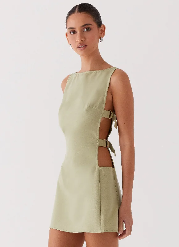 Soft rufflesCherish You Buckle Mini Dress - Olive