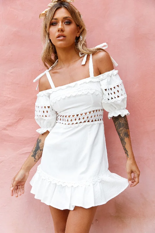 Tactical-coolDanella Puff Sleeve Tied Shoulder Dress White