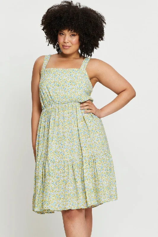 Minimal-glamFloral Print Skater Dress Square Neck Sleeveless Tie