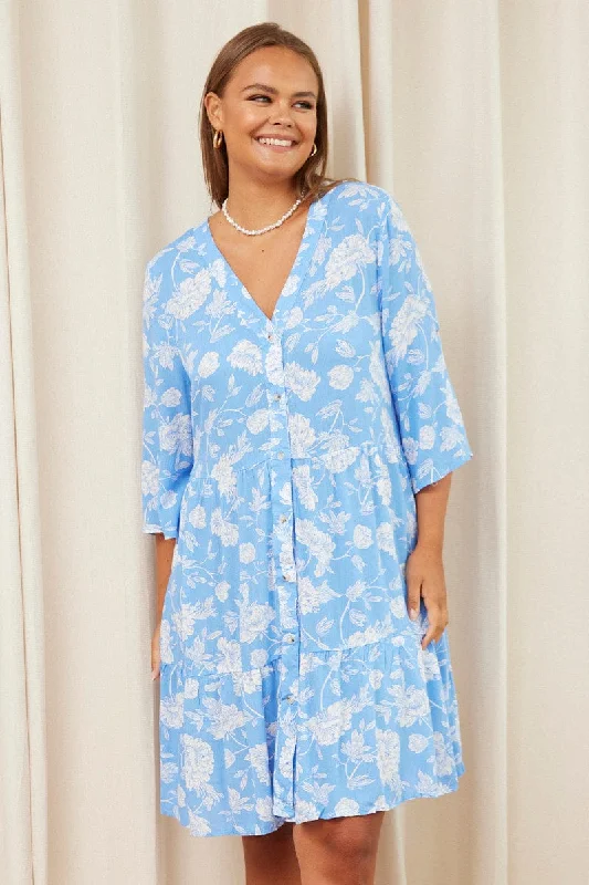 Nordic-inspiredFloral Print Skater Dress V-neck Long Sleeve