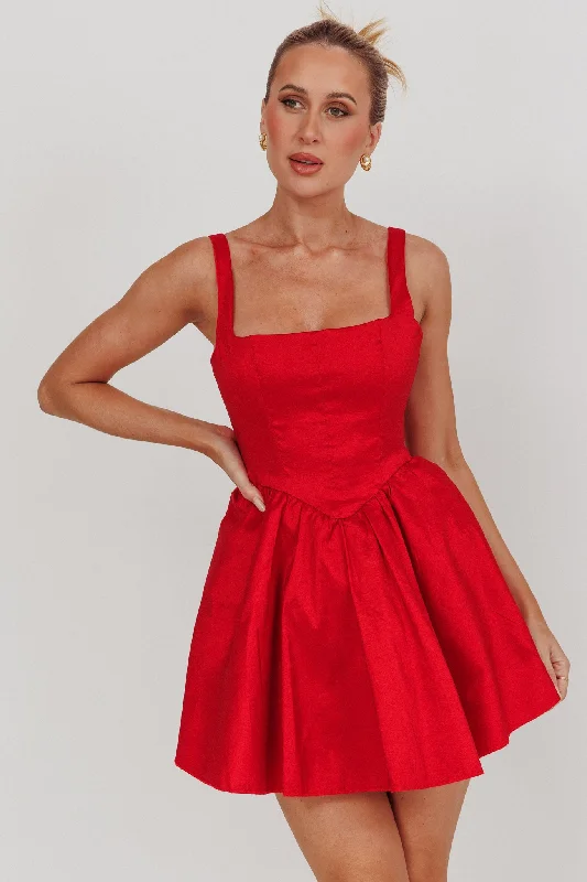 Clean-cutFound You Square Neck Flared Mini Dress Red