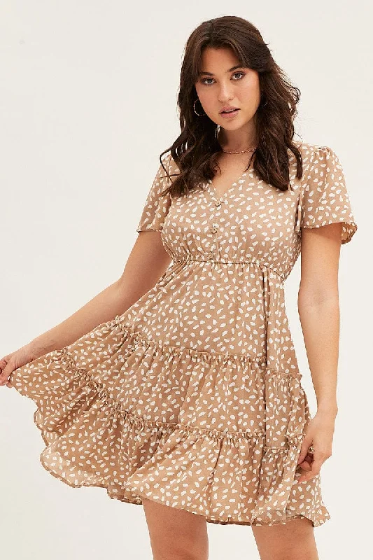 AntiqueGeo Print Button Front Skater Dress