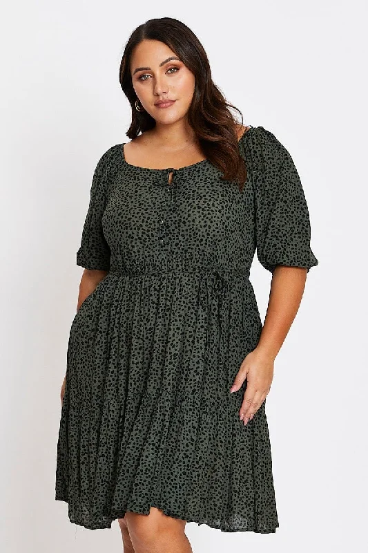 UniqueGreen Animal Print 3/4 Sleeve Button Up Dress