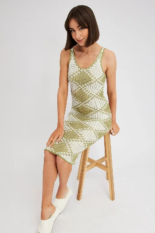 ElegantGreen Check Knit Dress Midi