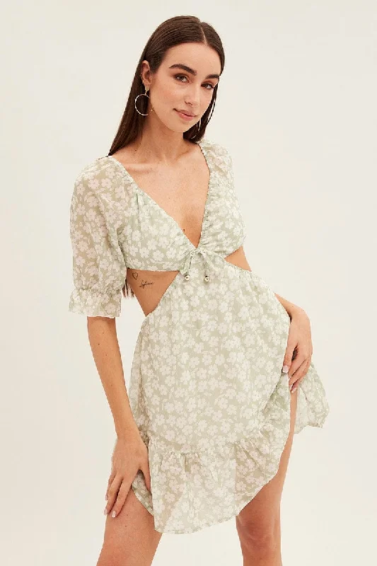 CaptivatingGreen Floral Cutout Skater Dress