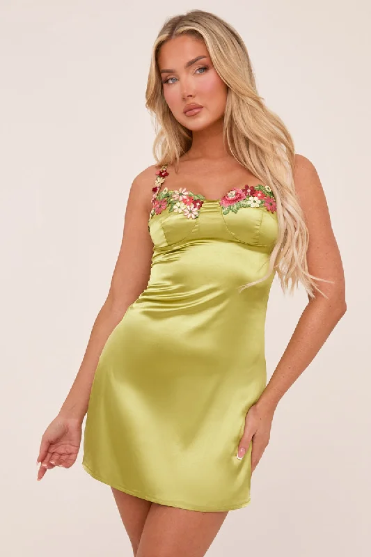 Ultra-flatteringGreen Satin Floral Embroidered Mini Dress - Sonya