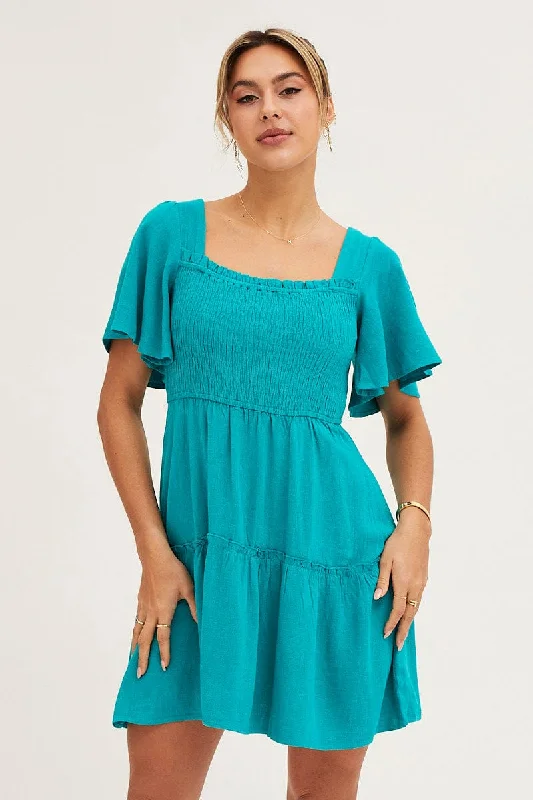 Effortlessly enchantingGreen Shirred Bust Skater Dress