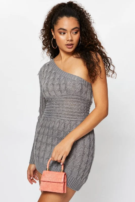Effortlessly-coolGrey One Shoulder Cable Knit Dress