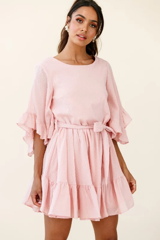 RetroJoni Batwing Sleeve Waist Tie Dress Pink