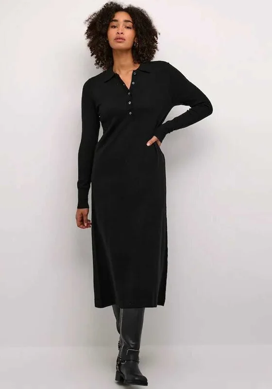 GlamorousKaffe Hectra Ribbed Knit Polo Dress, Black