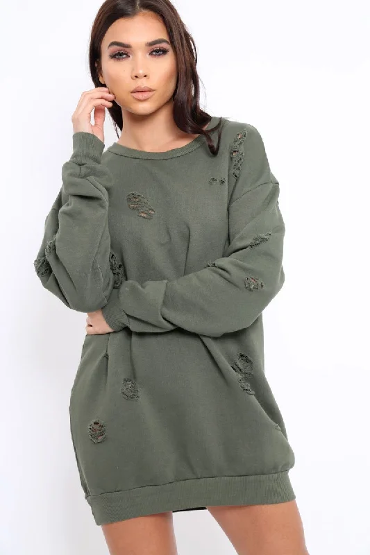 Sport-meets-streetKhaki Distressed Detail Sweatshirt Jumper Dress - Ivy