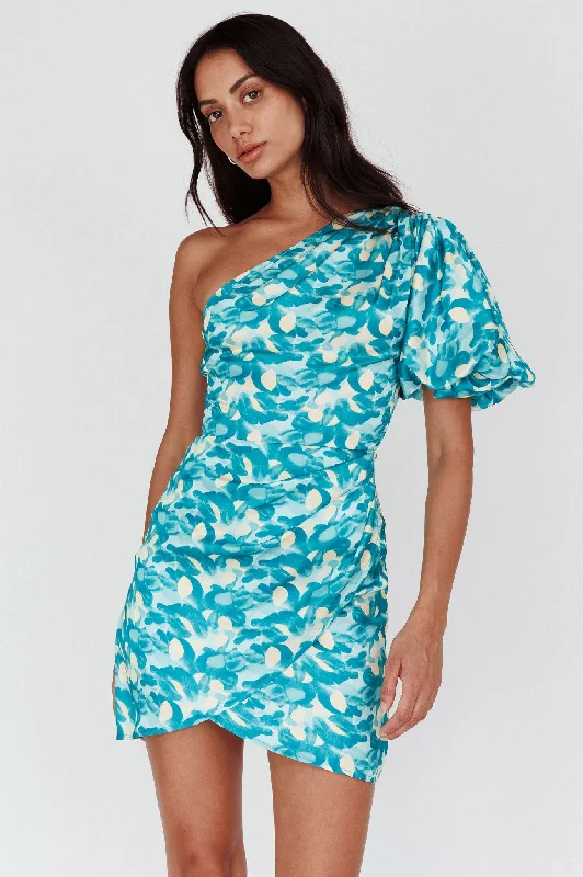 High-fashionKrishna One-Shoulder Puff Sleeve Mini Dress Green