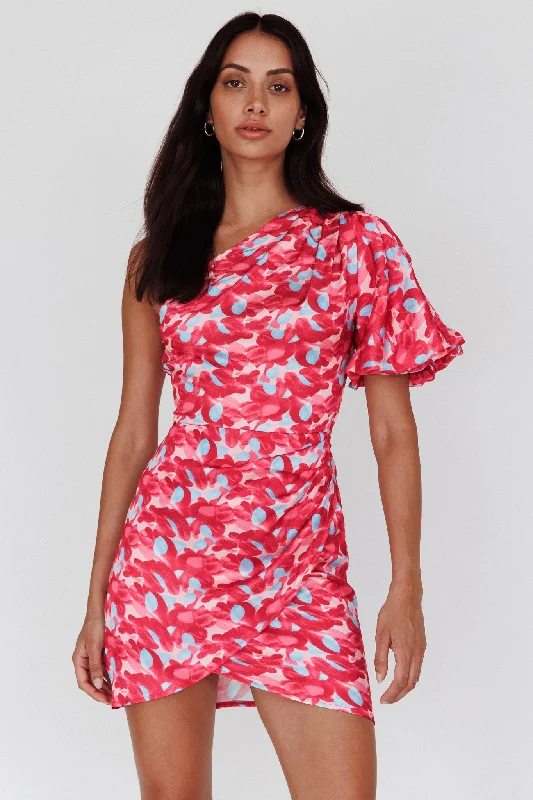 Edgy-chicKrishna One-Shoulder Puff Sleeve Mini Dress Pink