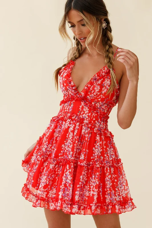 Utility-glamLaney Low Back Cami Strap Dress Floral Vine Print Red
