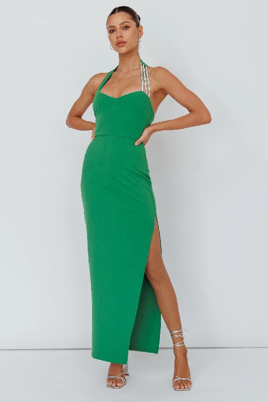 Neutral-paletteLeading Role Diamante Strap Halter Dress Green