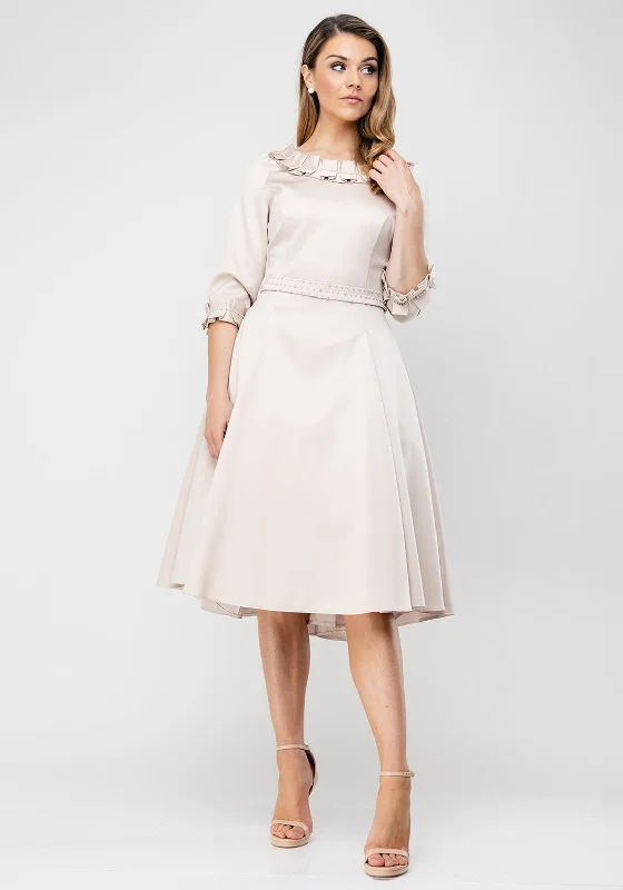 Layered-coolLizabella Ruffle Trim Satin Flared Midi Dress, Gold