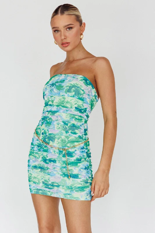 Clean-cut-utilitarianLogan Strapless Ruched Dress Floral Green