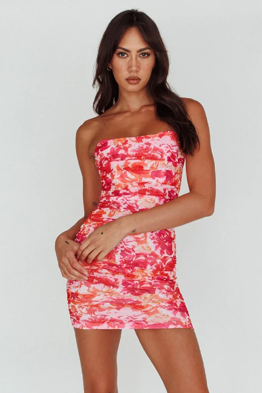 Moto-inspiredLogan Strapless Ruched Dress Floral Pink/Orange