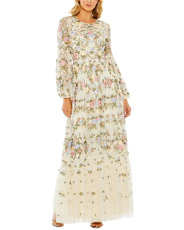 VogueMac Duggal High Neck Floral Embroidered Puff Sleeve Gown