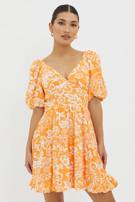 ChicMadrid Summer Tied Back Mini Dress Print Orange