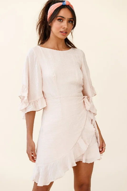 Subtle-glamourMake It Happen Flared Sleeve Ruffle Trim Dress Beige