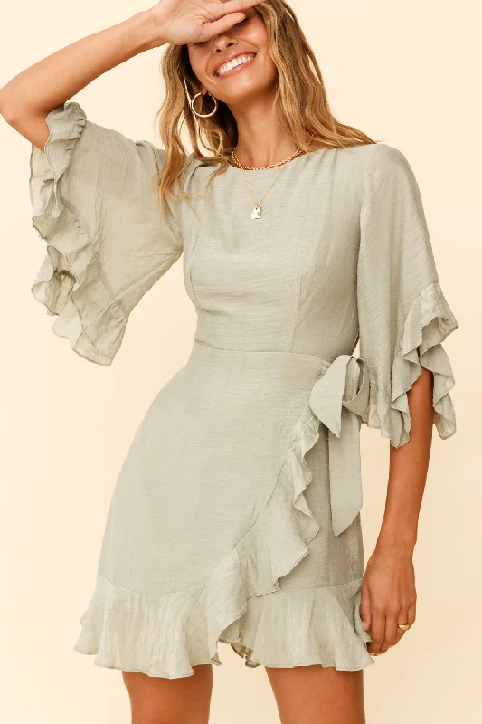 Tailored-eleganceMake It Happen Flared Sleeve Ruffle Trim Dress Pistachio