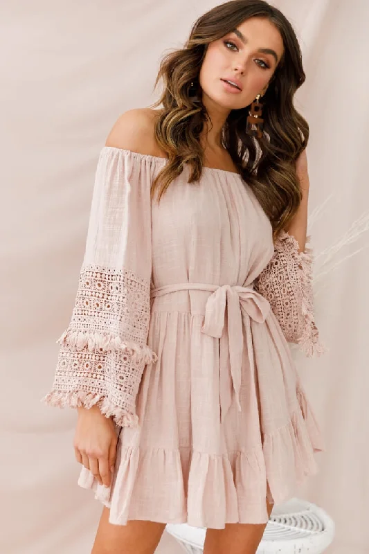Bonded-fabricsMona Off-Shoulder Embellished Sleeve Dress Mocha